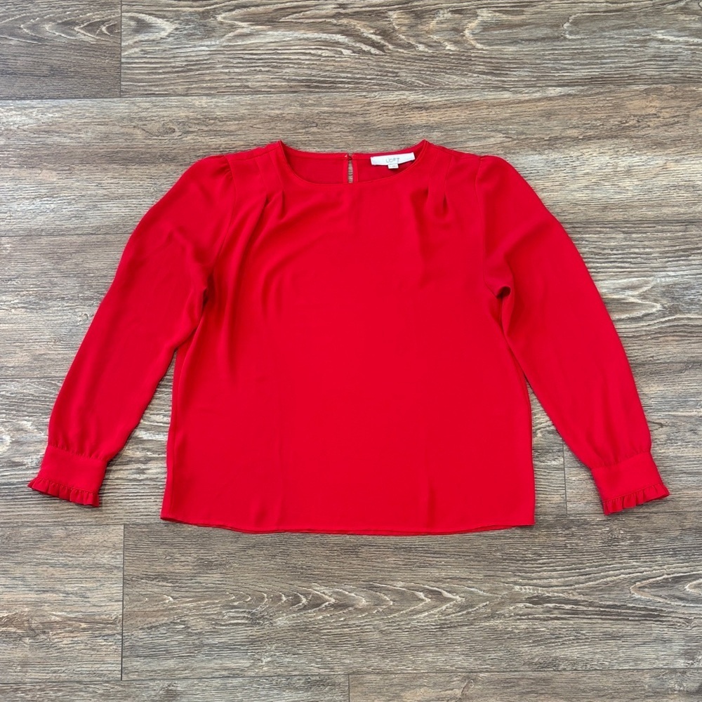 Loft Red Long Sleeve Class Crewneck Lightweight Blouse Women's Size Medium